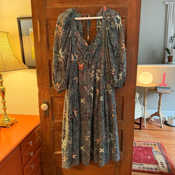 Ulla Johnson Floral Midi Dress – Size 4 Boho Balloon Sleeve Backless Tie Dress - Picture 4 of 8